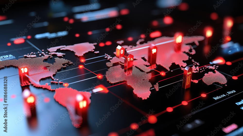 Aufkleber digital world map showcasing global trade flows with red markers indicating market data points. design emphasizes connectivity and data visualization