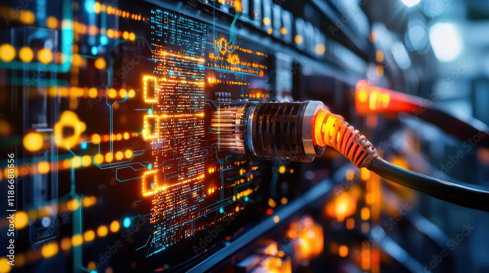 Poster High tech server with glowing circuit board and network cable connected, showcasing digital connectivity and data transfer in modern data center