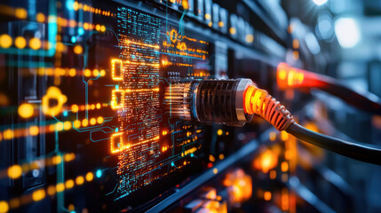 High tech server with glowing circuit board and network cable connected, showcasing digital connectivity and data transfer in modern data center