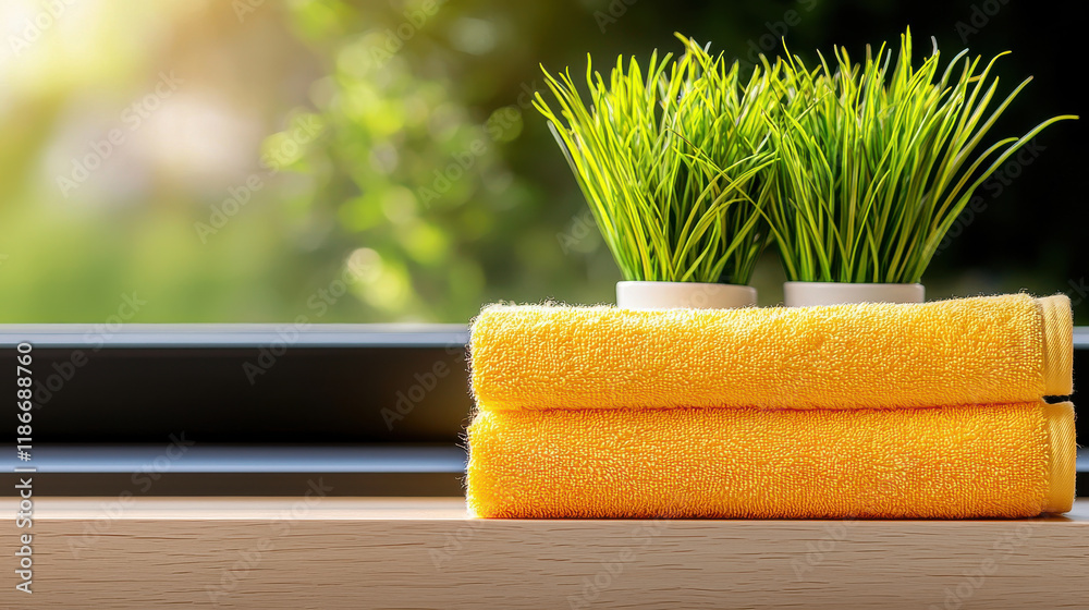 Poster Bright yellow towels stacked neatly on wooden shelf, complemented by vibrant green plants in pots, creating fresh and inviting atmosphere