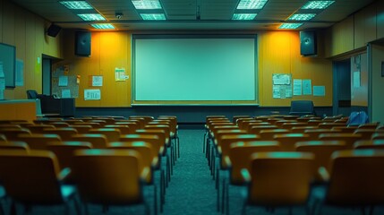Empty lecture hall with blank screen, ready for presentation.