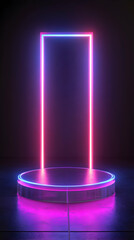 3D rendering of a translucent acrylic podium illuminated with neon lights in a futuristic dark background for product display