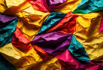 brightly colored crumpled paper close featuring rich vibrant hues intricate textures perfect visual exploration, colorful, detailed, artistic, abstract