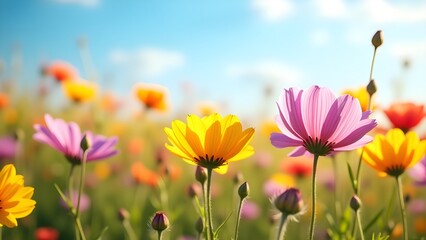 Obraz premium A vibrant field of wildflowers swaying gently under the breeze