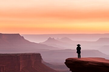 Fototapeta premium A silhouette of a hiker standing at the edge of a Utah canyon, with a minimalist sunset gradient in the background