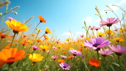 Naklejka premium A vibrant field of wildflowers swaying gently under the breeze