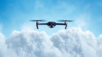Drone flying above fluffy white clouds against a vibrant blue sky.  A breathtaking aerial view.