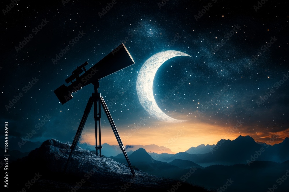 Poster a silhouette of a telescope pointing toward the stars, with a crescent moon and minimalist constella