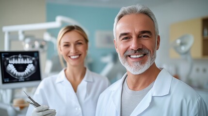 Obraz premium Confident Dentists: A friendly male dentist and his assistant smile confidently, showcasing their expertise and creating a welcoming atmosphere in a modern dental office.