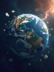 Fototapeta premium Earth Made Of A Giant Jigsaw Puzzle Explodes In Space, Resulting In Multiple Pieces Breaking Off And Floating Freely. 00003