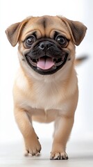 Obraz premium Happy Pug Puppy: An adorable pug puppy with a cheerful expression, light brown fur, and a playful demeanor, walking towards the camera. Its joyful face and happy eyes capture pure canine charm. 