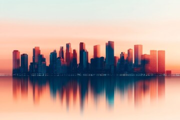 Obraz premium A silhouette of an urban skyline at dusk, with muted pastel colors filling the horizon