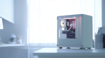 Fototapeta premium A Small White Computer Case Sitting on Top of a Desk - Generative AI