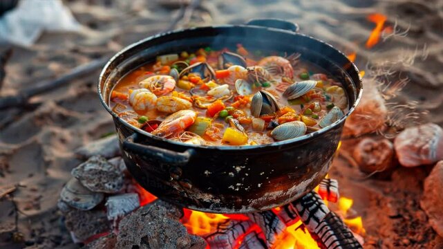 Delicious seafood stew simmering in pot over open fire on beach, surrounded by sand and shells, creating warm and inviting outdoor atmosphere with clams and shrimp.