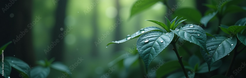 Poster Droplets Of Water Cling To Dark Forest Leaves Amidst A Serene Natural Setting Created By Artificial Intelligence Generative Techniques. 00003