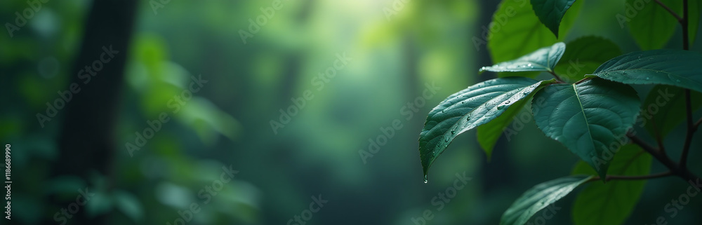 Poster Droplets Of Water Cling To Dark Forest Leaves Amidst A Serene Natural Setting Created By Artificial Intelligence Generative Techniques. 00001