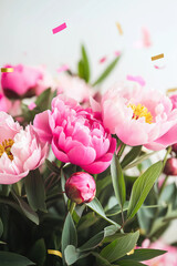 Pink peonies with confetti. Beautiful flowers.