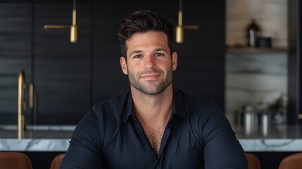 Obraz premium Portrait of a confident man in a modern kitchen setting.