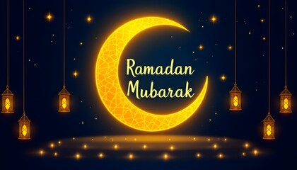 Naklejka premium Golden crescent moon, “Ramadan Mubarak,” lanterns hanging, glowing lights, dark blue background, festive Islamic theme design.