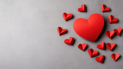 Fototapeta premium Valentine Themed, cluster of red paper hearts on gray background, symbolizing love