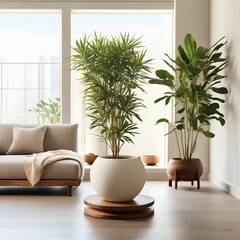 An indoor oasis filled with vibrant plants and bathed in warm sunlight with a minimalist wooden pedestal stands as a testament to simplicity and elegance.