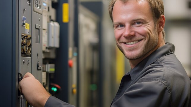 Power of Expertise: A confident electrician smiles with pride and expertise as he performs a routine maintenance check on a large electrical panel.