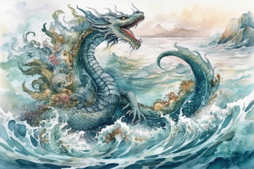 fantastic sea dragon., watercolor style, Generative AI