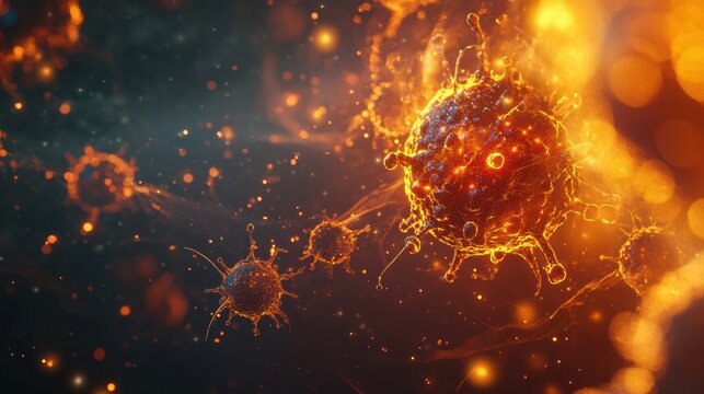 Cancer cells with glowing edges showcase cellular activity and abnormalities in a dynamic environment. Generative AI