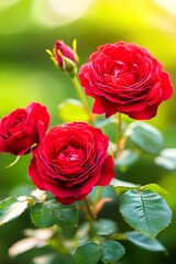 Fototapeta premium Red roses illuminated by setting sun in summer garden.