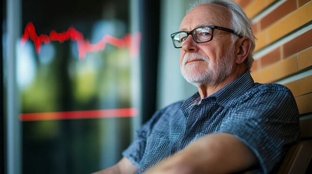 Contemplative Senior: A thoughtful senior gentleman with silver hair and glasses sits pensively, lost in contemplation, with a blurred stock market graph subtly visible in the background.