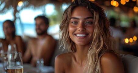 Friends enjoy a lively summer evening at a beachside restaurant, smiling and laughing while sipping refreshing drinks amidst warm ambient lighting.