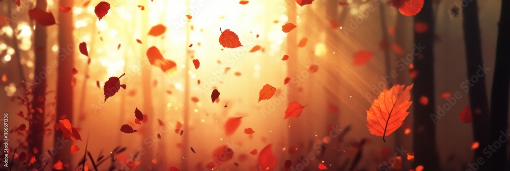 Aufkleber colorful autumn leaves falling gently in a tranquil forest at sunset creating a serene atmosphere. g