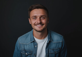 Fototapeta premium Portrait of a happy man in a denim shirt and white t-shirt, looking at the camera and smiling, isolated on a black background.