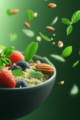 Healthy quinoa bowl with berries, nuts, and fresh mint.