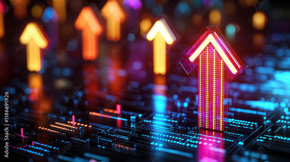 Poster visually engaging design showing economic growth with vibrant arrows digital technology upward trend