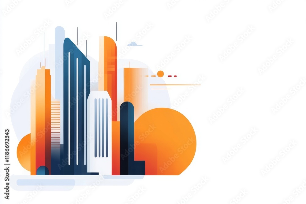 Poster a stylized depiction of a single skyscraper with geometric patterns and clean lines, set against a g