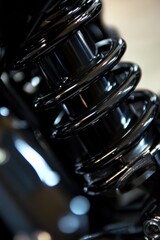 Fototapeta premium Close-up view of a motorcycle's front suspension, with details on the forks and brakes