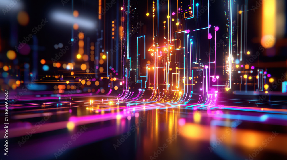 Poster Abstract representation of data analysis with vibrant colors and geometric patterns, showcasing futuristic digital landscape filled with glowing lines and nodes