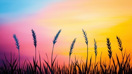 Fototapeta premium Serene Sunset Grass Silhouette Peaceful Sky Colorful Landscape