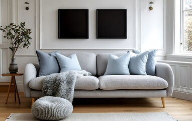 Modern living room interior design, light grey sofa, blue cushions, wooden floor, calm background
