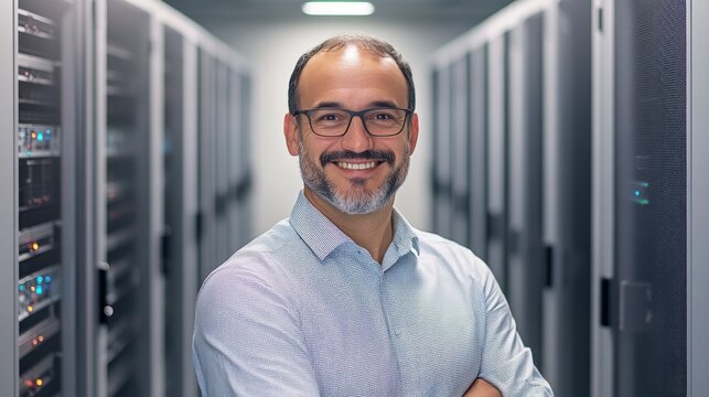 Server Room Confidence: A mature and confident IT professional stands confidently in a server room, showcasing a sense of expertise and reliability, ensuring smooth operations.