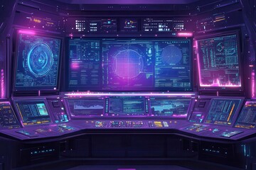 Obraz premium Futuristic Control Room with Glowing Tech Interfaces