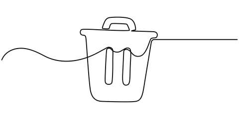 One continuous line drawing of metallic garbage container. Recycling waste dustbin in simple linear style. Trash box with opened, Continuous line drawing Trash can icon concept
