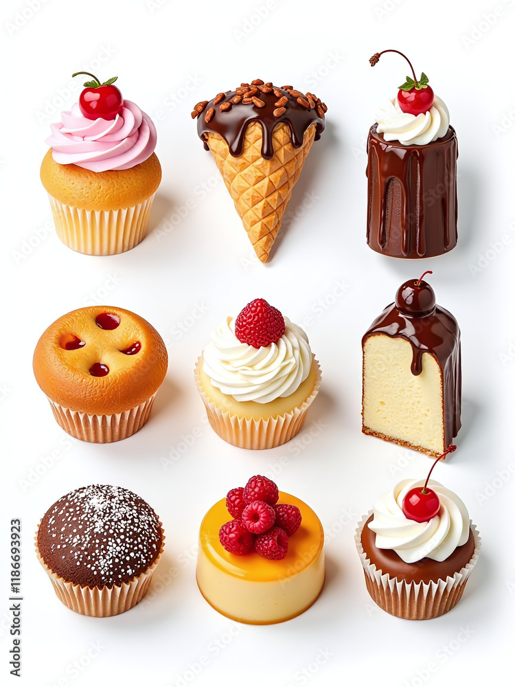 Poster Delicious Desserts Made Up Of Various Sweets Are Isolated Against A Pure White Background Creating A Visually Appealing Scene. 00003