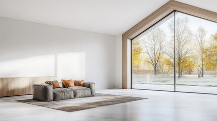 Modern living room with large windows showcasing autumn trees in bright natural light