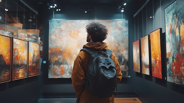 Man Viewing Abstract Art Gallery Paintings