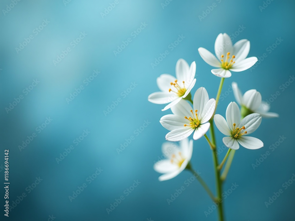 Poster delicate white macro flowers bloom against a blurred blue background with ample copy space for creat