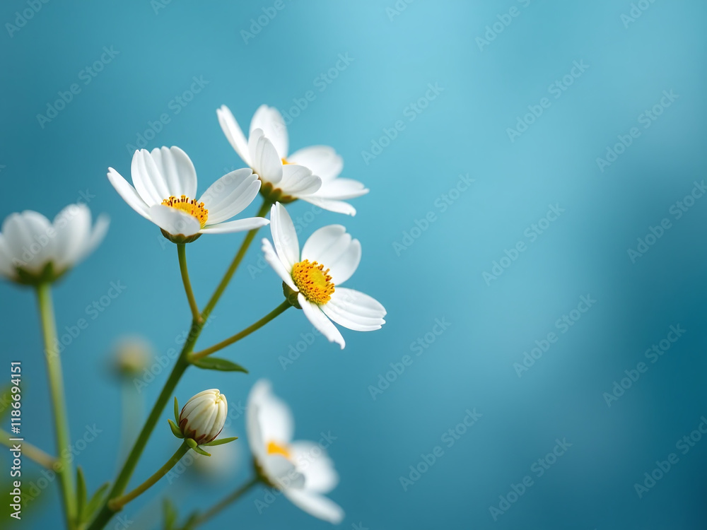 Poster delicate white macro flowers bloom against a blurred blue background with ample copy space for creat