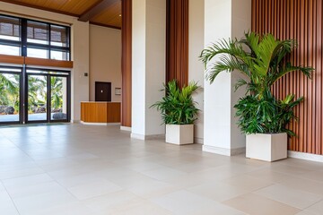 Modern Lobby Interior Design with Tropical Plants and Natural Light