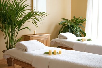 Serene Spa Room Two Massage Tables Candles Towels Plants Relaxation